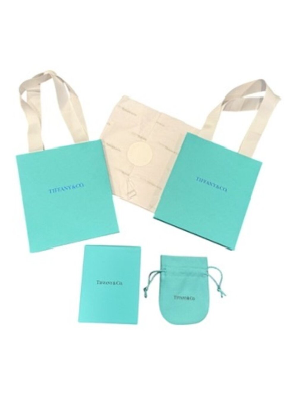 TIFFANY & CO. bundle of two small reusable shopping totes, tissue, box & pouch